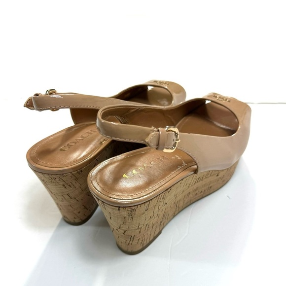 Coach Ferry Cork Wedge Patent Leather Peep toe Slingback Sandals Camel S… - Picture 7 of 11